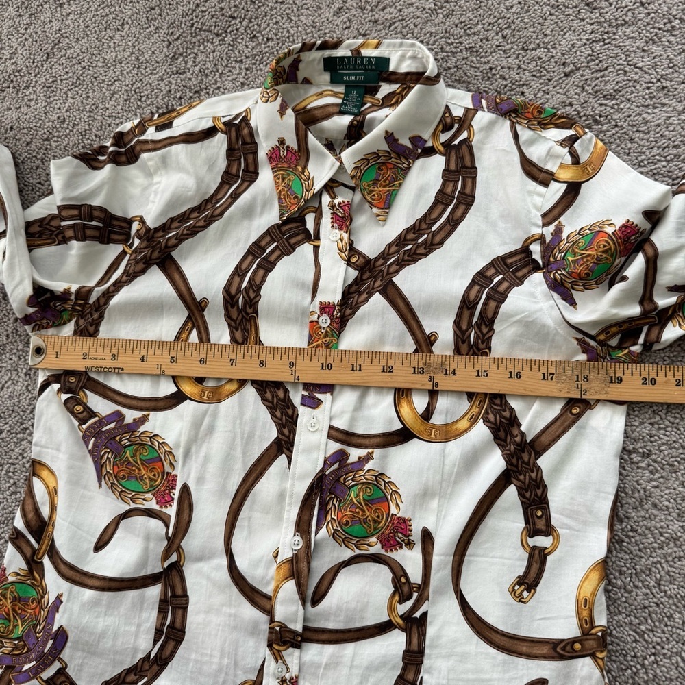 Lauren Ralph Lauren Equestrian Button Up Blouse Horse Bridle‎ Bit Sz 12 Slim Fit - Picture 15 of 16